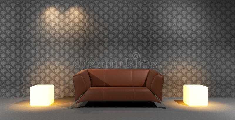 Brown Leather Sofa and Lighted Cube