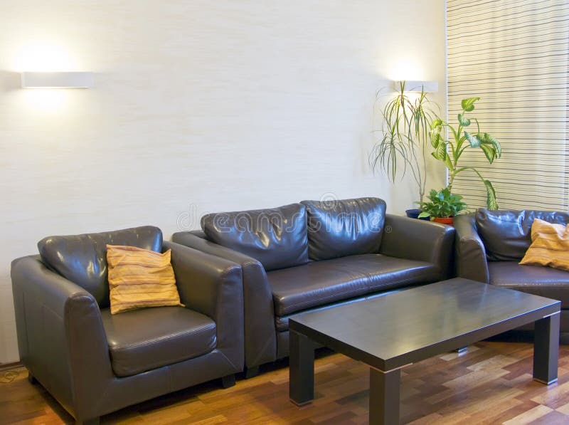 Brown leather sofas stock photo. Image of lights, comfortable 5824426