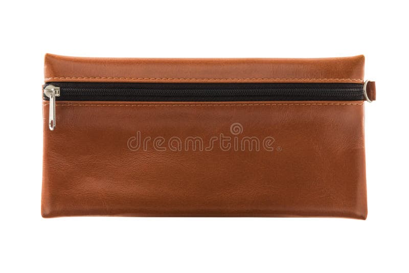 Brown Leather Stationery Bag With Zipper Isolated On White Background