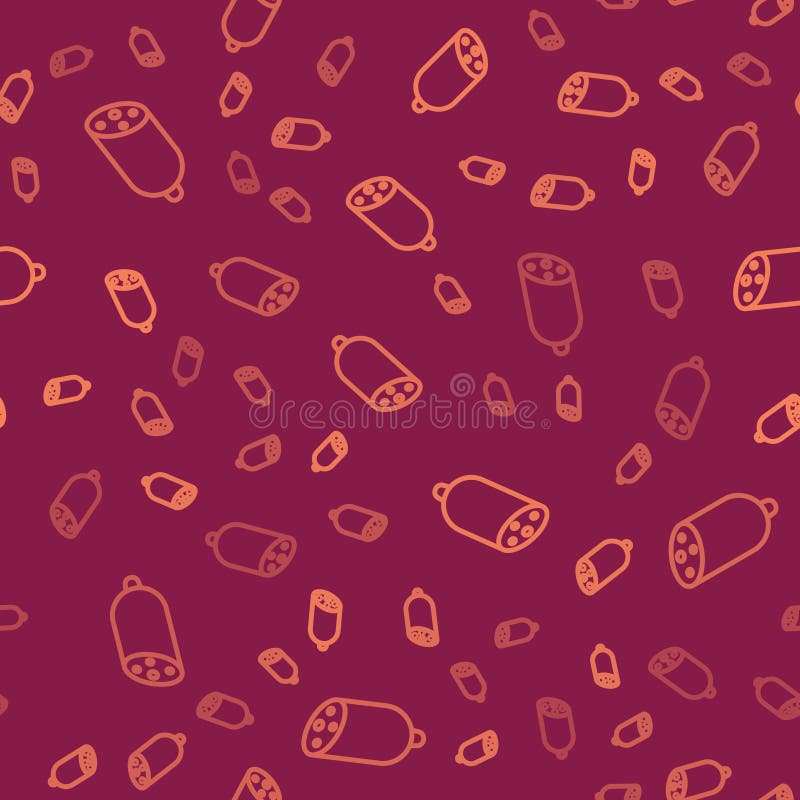 Brown line Salami sausage icon isolated seamless pattern on red background. Meat delicatessen product. Vector.