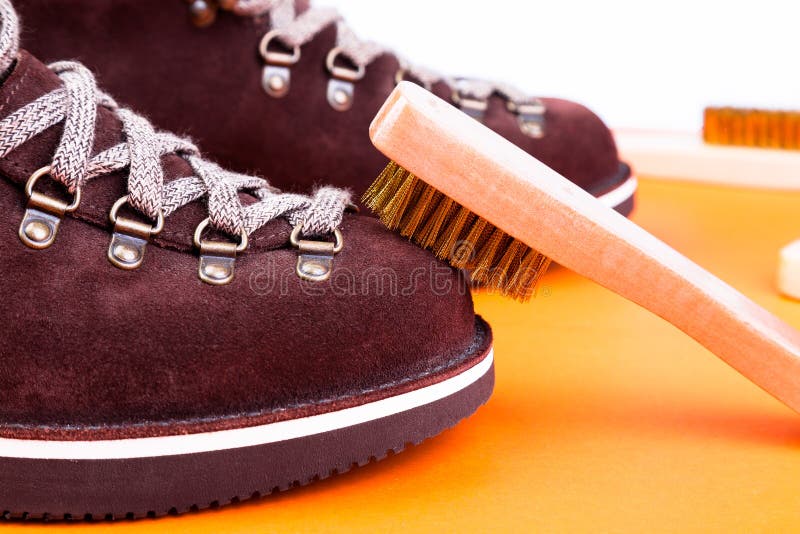 Brown Man Suede Boots with Brush. Macro. Clean Shoes Stock Photo Image of shoelace, leaves