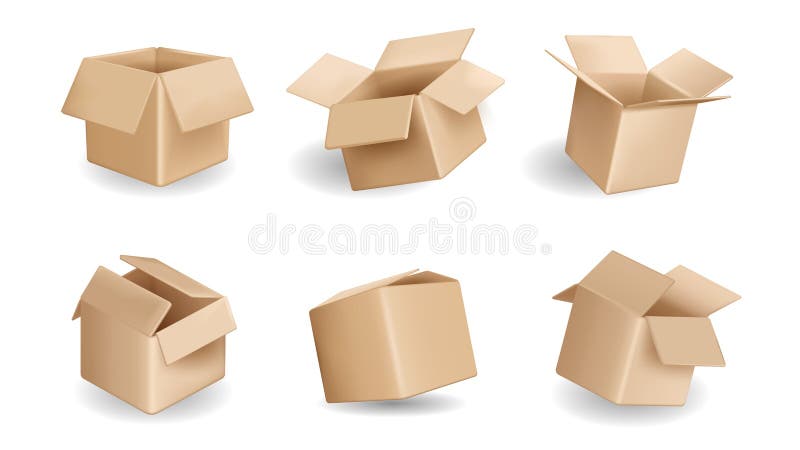 Brown packing box 3d elements set in realistic render design. Collection of open and closed cardboard parcels, empty delivery royalty free illustration