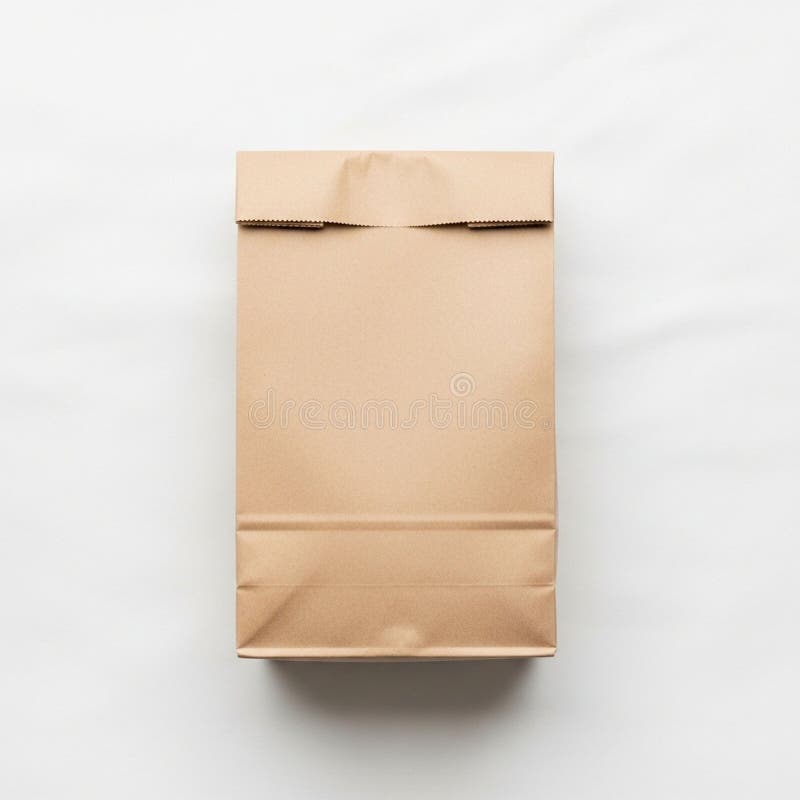 Brown paper bag with a folded top placed on a plain white surface stock illustration