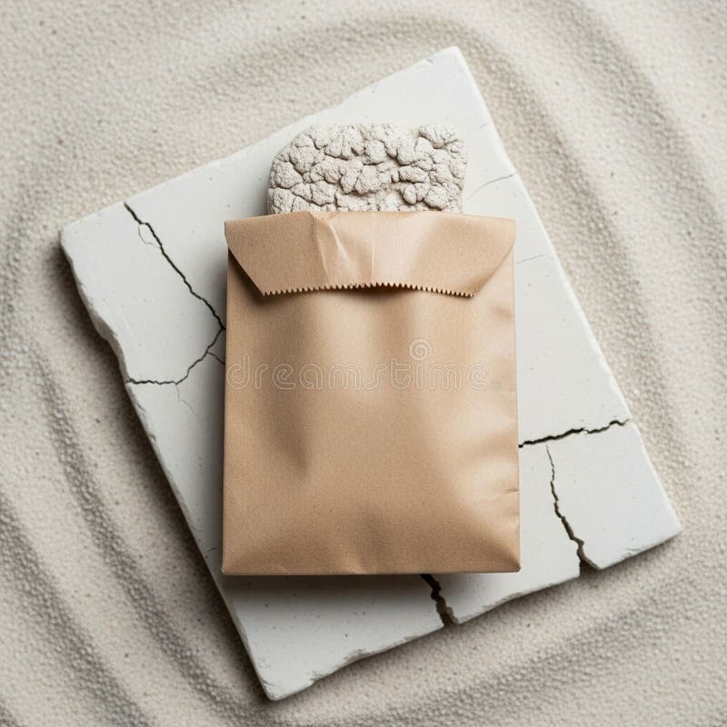 A brown paper bag placed on a cracked white rectangular surface royalty free illustration