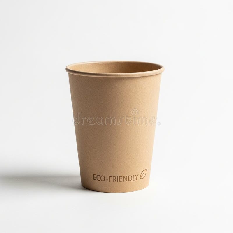 Brown paper cup with \'ECO-FRIENDLY\' text stock illustration
