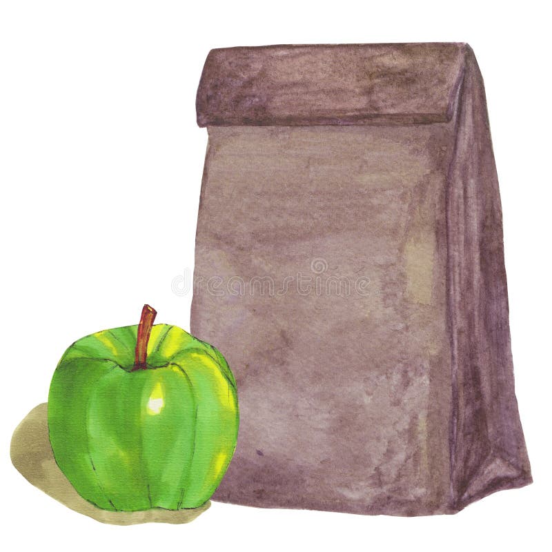 Brown papieru lunchu torba z zielonym jabłkiem