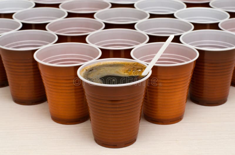 Brown Plastic Cups for Coffee, Cocoa, Hot Chocolate Stock Photo - Image of  drink, macchiato: 147046222