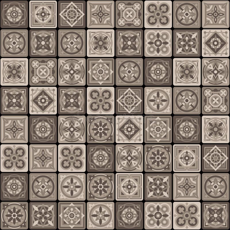 Brown Portuguese Ceramic Mosaic Tile Floral Seamless Pattern. Vector illustration