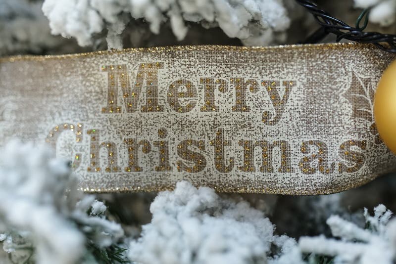 Brown Ribbon with Merry Christmas Text on a Christmas Tree Stock Photo