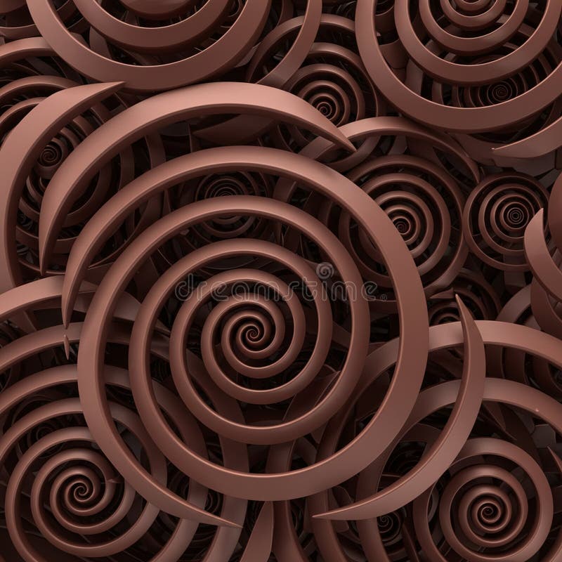 Brown spirals made of a smooth, metallic material create a mesmerizing, layered royalty free illustration