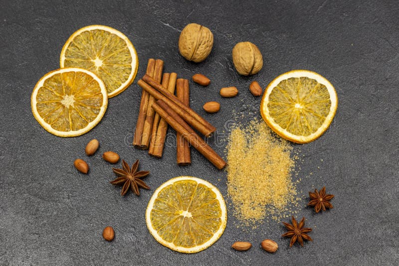 Brown Sugar, Cinnamon Sticks, Orange Chips and Star Anise Stock Image