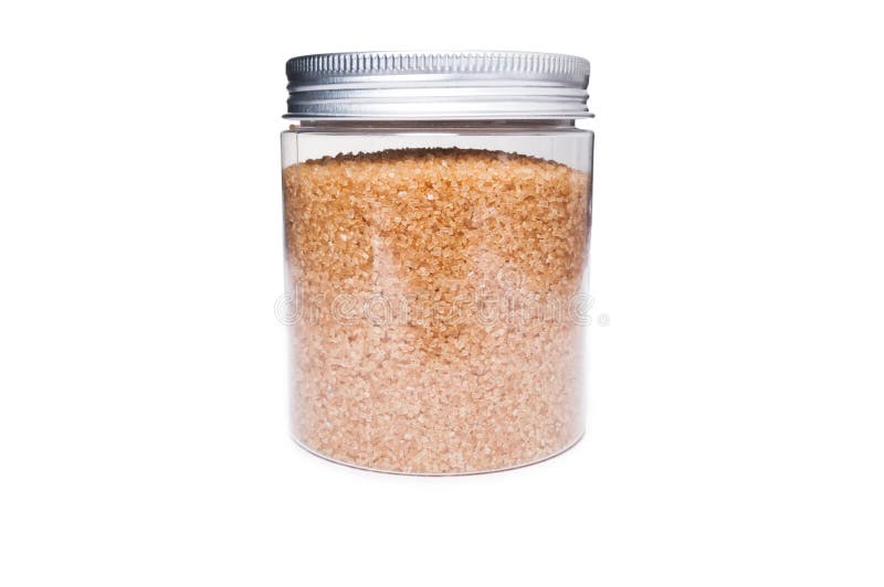 Brown Sugar in Transparent Plastic Jar Storage Container Stock Image