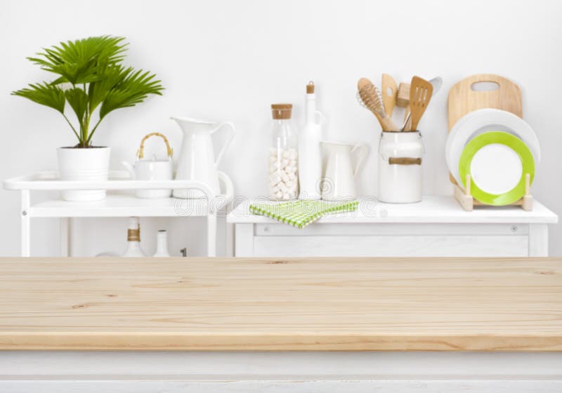 Brown Tabletop with Copyspace Over Blurred Kitchen Shelves with