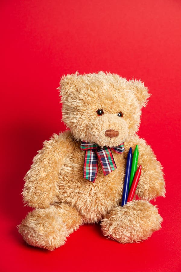 Brown Teddy Bear Isolated with Crayons. Stock Photo Image of little