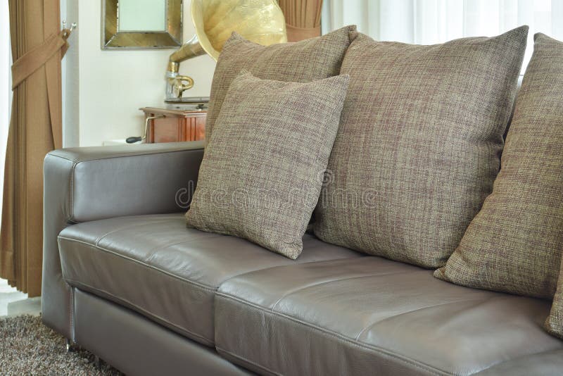 Brown Texture Pillows on Deep Brown Leather Sofa in Living Room Stock