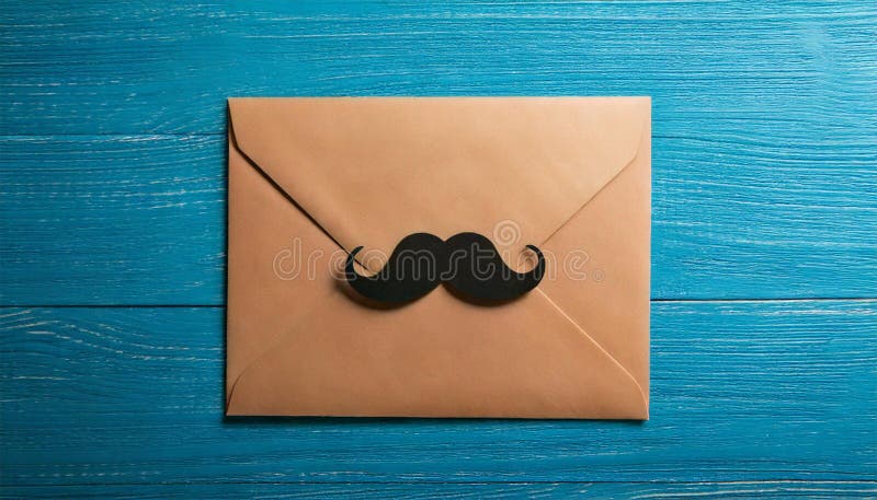 Brown Umschlag mit Mustache Aufkleber auf blauem Holz für Vatertag Gruß stock abbildung