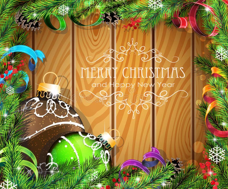 Brown und grüne Weihnachtsbälle auf hölzernem Hintergrund