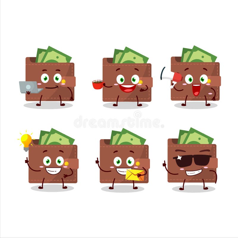 Brown wallet cartoon character with various types of business emoticons vector illustration