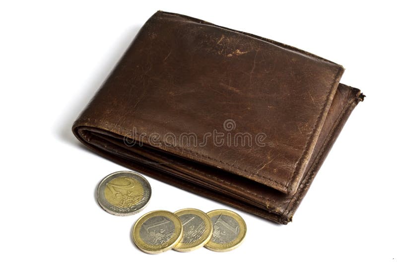 Brown wallet with coins isolated on white