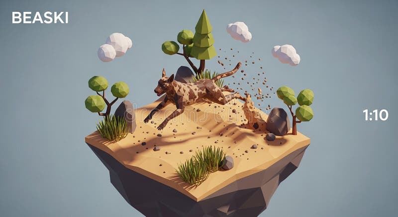 Brown Wolf Running On Island With Trees And Rocks vector illustration