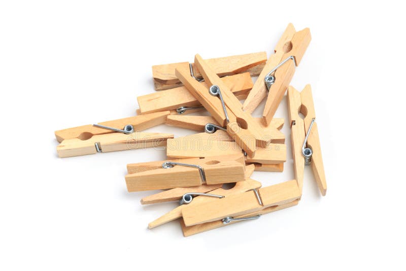 Brown Wood Clothes Peg or Clothespin on White Background. Image Stock