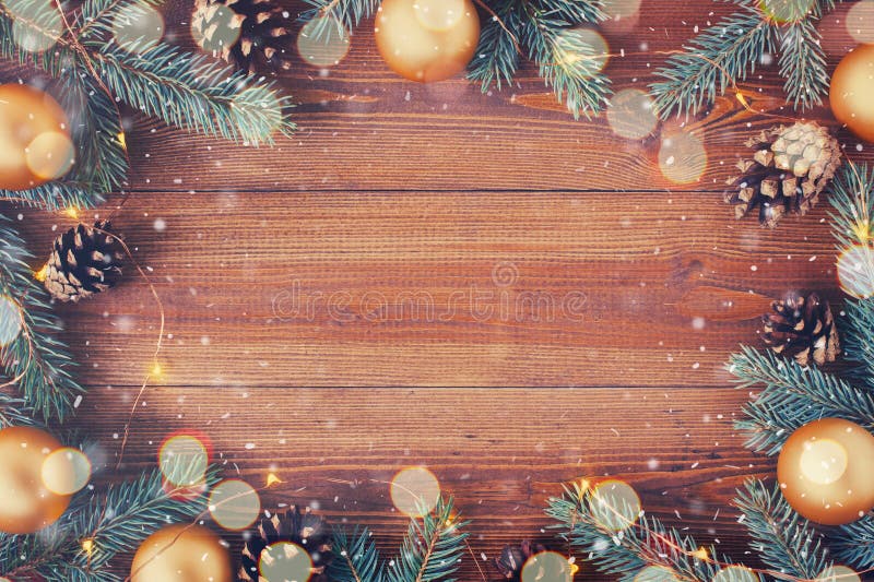 Brown Christmas Background With Christmas Tree Branches, Balls And Gift ...