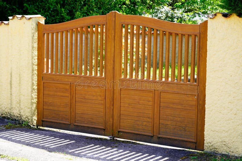 Brown Wooden Gates Of Private House Suburb Wood Portal Door Stock Photo