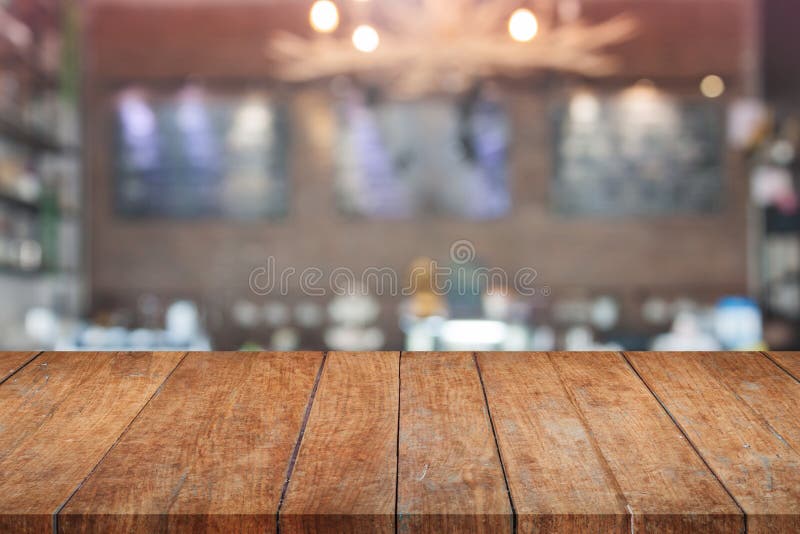 Brown Wooden Table Top with Blurred Cafe Stock Image Image of light