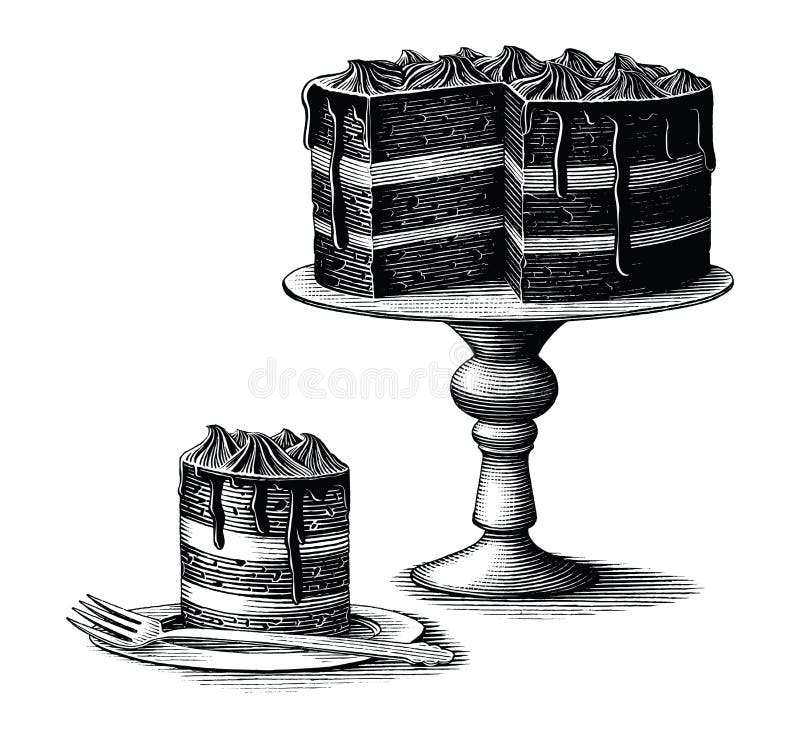 Brownie cake hand drawn vintage engraving style black and white clip art isolated on white background