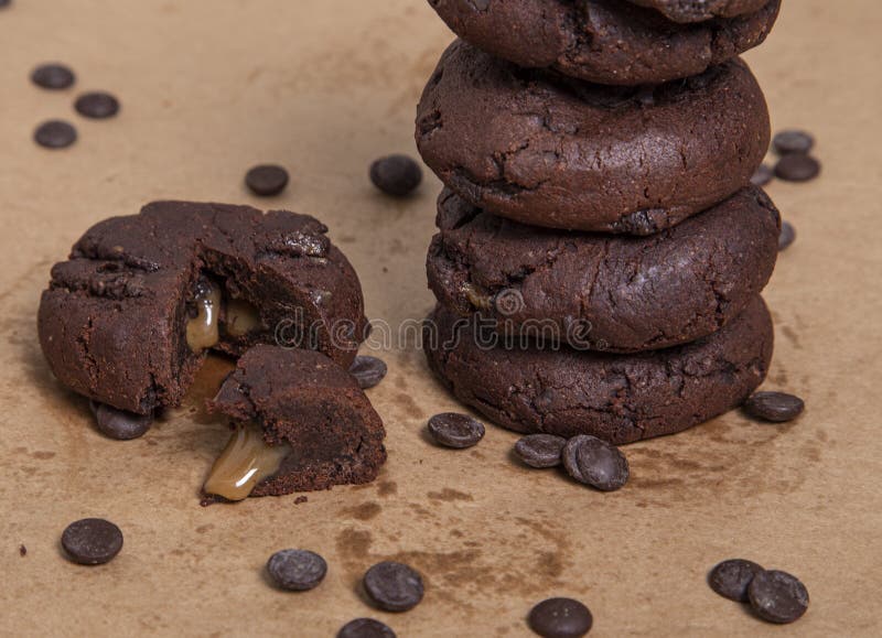 Brownie Chocolate Chip Cookie Filled with Caramel. Isolated Image Stock