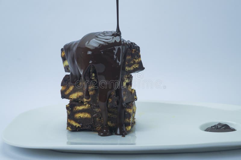 Brownie con la salsa de chocolate en la placa foto de archivo libre de regalías Brownie con la salsa de chocolate en la placa foto de archivo libre de regalías