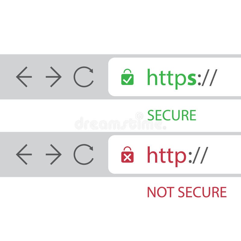 Browser Address Bars Showing Secure and Insecure Web Addresses - Secure Browsing and Connections Trend Concept stock illustration