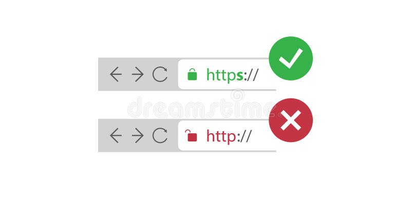 Browser Address Bars Showing Secure and Insecure Web Addresses - Mandatory Secure Browsing, Encoded Transfers and Connections stock illustration