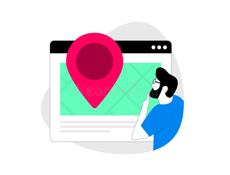 Browser geolocation and geocoding. Using customer location data for targeted advertising and local search. Geofencing stock illustration