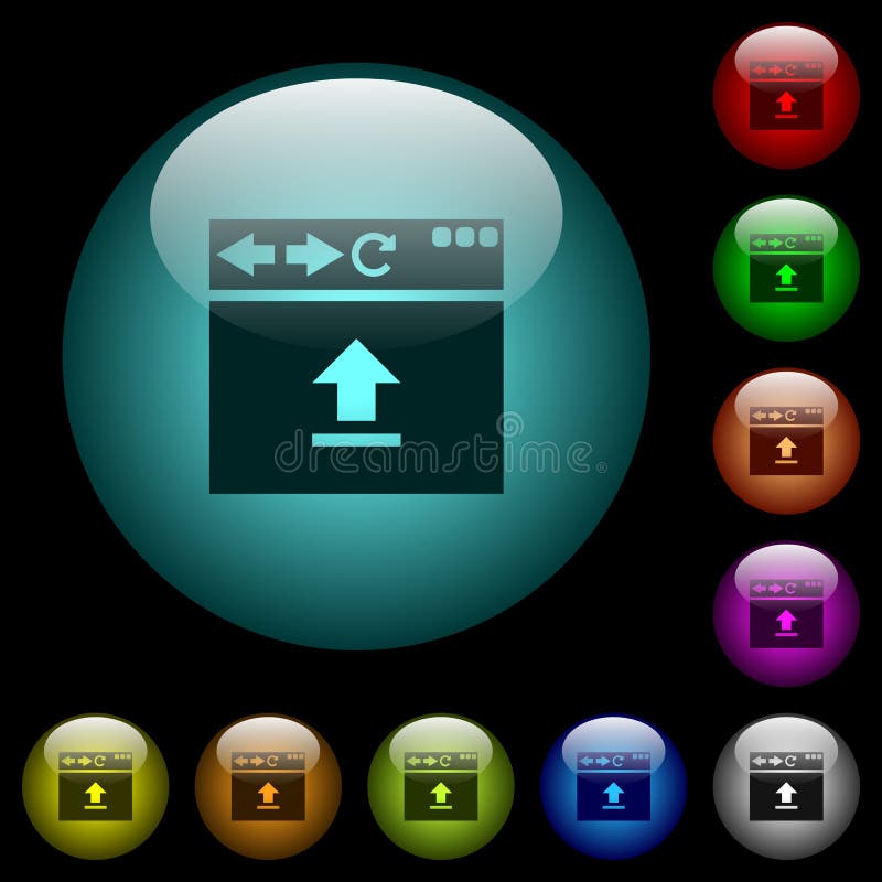 Browser upload icons in color illuminated glass buttons stock illustration