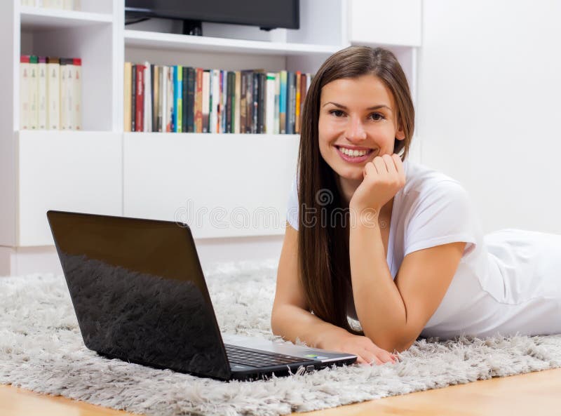 Browsing Internet Young Woman Using Laptop Stock Image - Image of ...