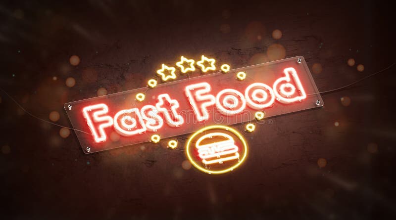 Bruciatore di alimenti di neon fastfood segno di chiusura a parete scura che illumina il tipo di carattere illustrazione di stock