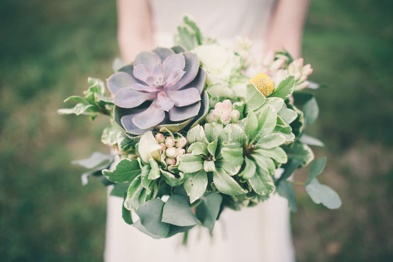 Brud som rymmer bröllopbuketten, med suckulenta blommor, royaltyfri bild Brud som rymmer bröllopbuketten, med suckulenta blommor, royaltyfri bild