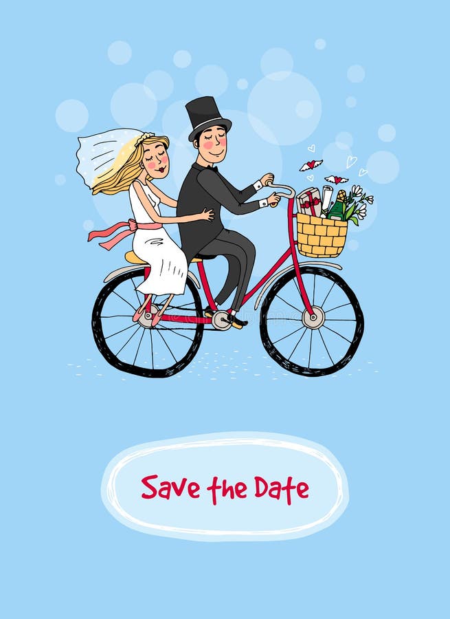 Bruden och brudgummen på en cykel - spara datumet royaltyfri illustrationer Bruden och brudgummen på en cykel - spara datumet royaltyfri illustrationer