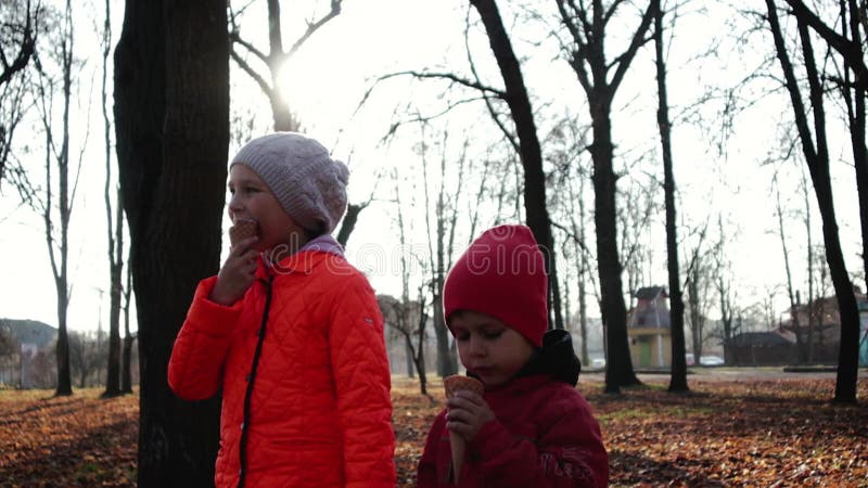 Bruder und Schwester essen Eiscreme in einer Waffelschale an einem Herbsttag auf der Straße in einem Stadtpark