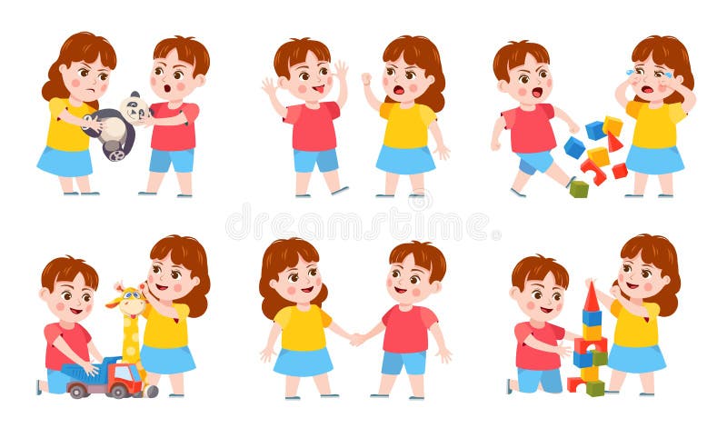 Brother and sister fight. Cartoon siblings angry, quarrel and cry. Kids fighting over a toy, playing together and holding hands vector set. Arguing boy and girl having rivalry, conflict. Brother and sister fight. Cartoon siblings angry, quarrel and cry. Kids fighting over a toy, playing together and holding hands vector set. Arguing boy and girl having rivalry, conflict