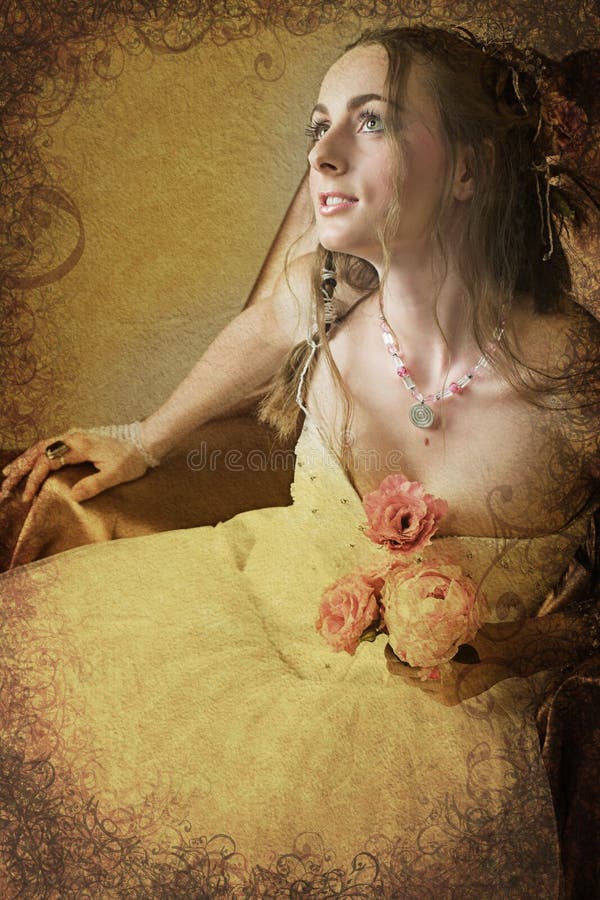 Beautiful happy young bride with long brown hair in white tule petticoat and vinatge and antique accessories sitting on a chair holding pink spring peony on grunge scrolls background. Beautiful happy young bride with long brown hair in white tule petticoat and vinatge and antique accessories sitting on a chair holding pink spring peony on grunge scrolls background