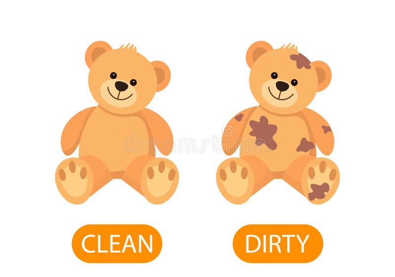 Brudne i czyste pluszowe zabawki misia. koncepcja dzieci uczących się przeciwnych przymiotników czystych i brudnych