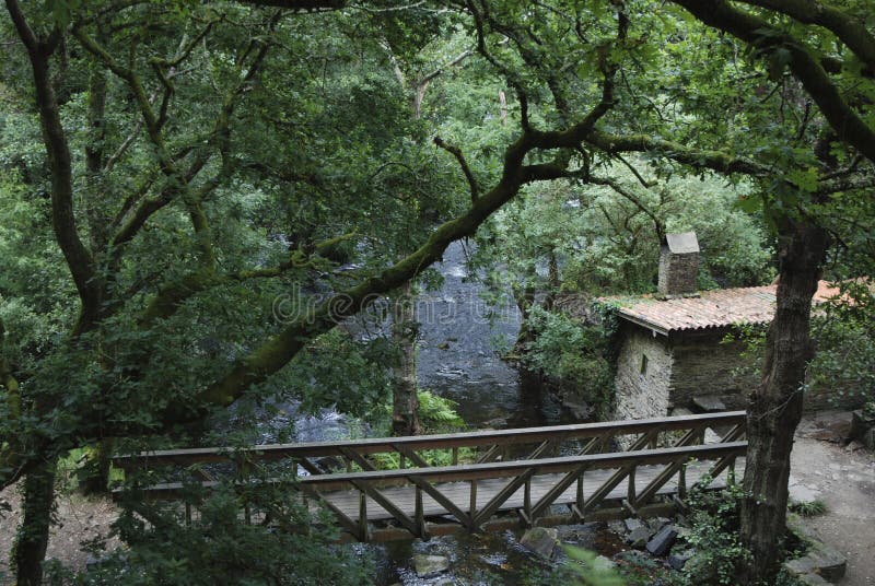 Little river flowing quietly with a bridge crosing it, a old stone house near all it surrounded by trees. Little river flowing quietly with a bridge crosing it, a old stone house near all it surrounded by trees.