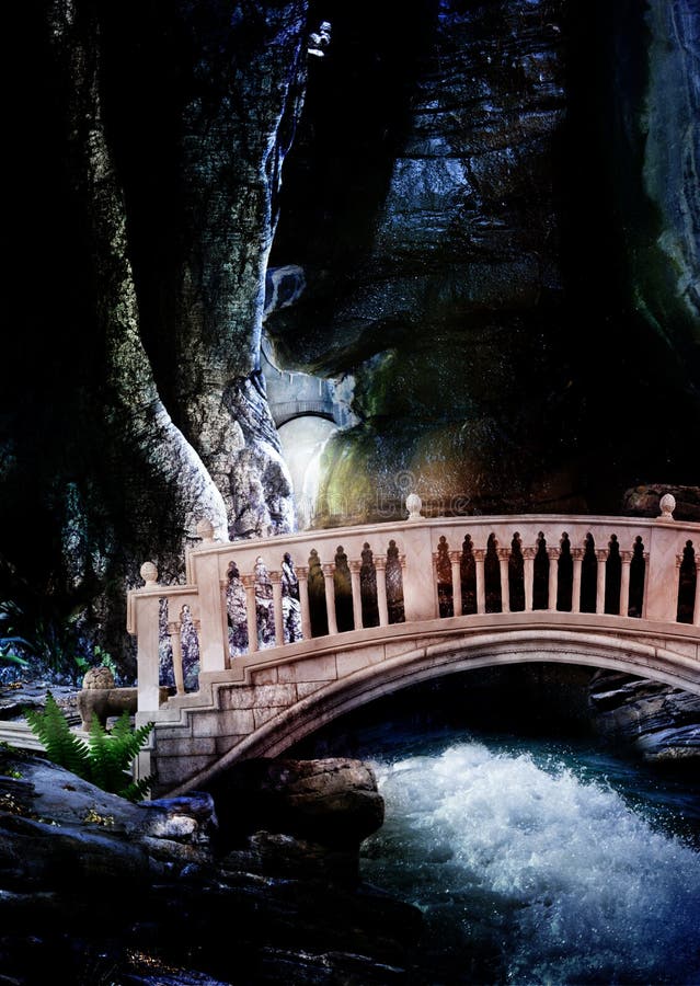 A stone bridge in an underground cave or labyrinth or old forest. Rushing water in a stream travels through the scene under the bridge. A stone bridge in an underground cave or labyrinth or old forest. Rushing water in a stream travels through the scene under the bridge.