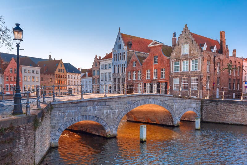 Bruges canal and bridge in the morning, Belgium