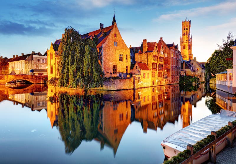 Bruges - Canals of Brugge, Belgium, evening view.