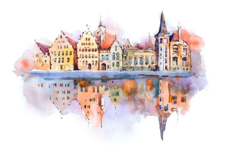 Bruges cityscape watercolor drawing, Belgium. Brugge canal aquarelle painting