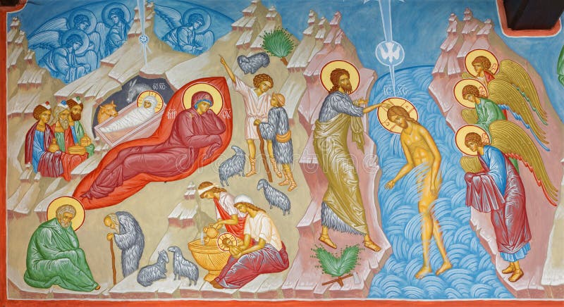 Fresco of the Nativity scene and Baptism of Christ scene in st. Constanstine and Helena orthodox church (2007 - 2008). Fresco of the Nativity scene and Baptism of Christ scene in st. Constanstine and Helena orthodox church (2007 - 2008).