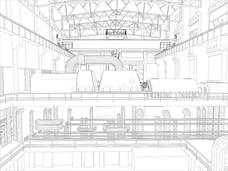 Portaal kraan in een fabrieksomgeving. Draadmodel royalty-vrije illustratie